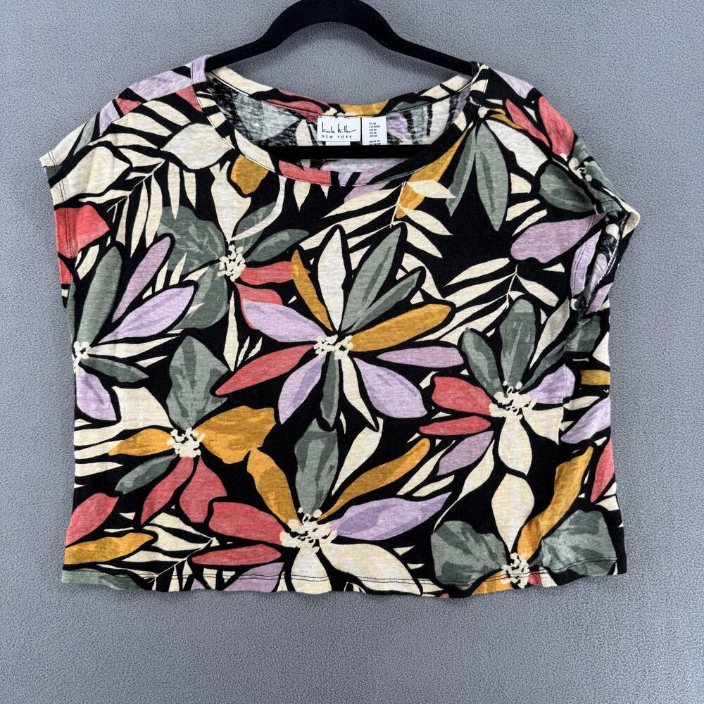 Nicole‎ Miller 100% Linen Artsy Tropical Resort Floral Shirt M Black Sleeveless